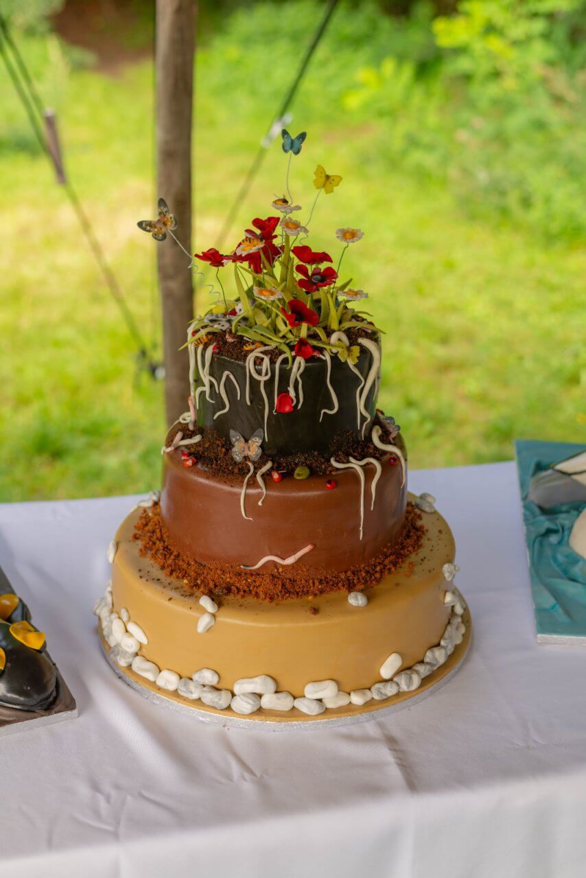 Een chocolade bruidstaart in meerdere lagen en rode bloemen.